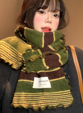 绿色条纹木耳边针织围巾女秋冬季