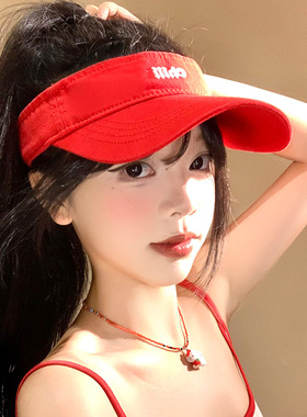 红色字母刺绣空顶防晒帽女夏户外