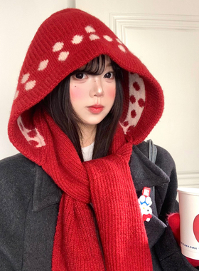 红色波点针织巴拉克拉法帽女秋冬