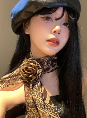 美式复古豹纹玫瑰花丝巾