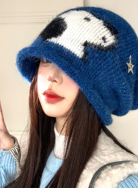 蓝色星星小狗卷边针织堆堆帽女