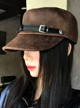 麂皮绒pu皮带马术帽秋冬文艺复古