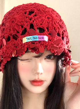 红色亮片手工钩织包头帽女夏民族