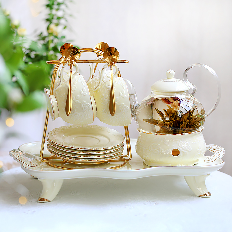 英式下午茶茶具 欧式花茶茶具花茶杯套装 陶瓷玻璃煮水果蜡烛茶壶 - 图1