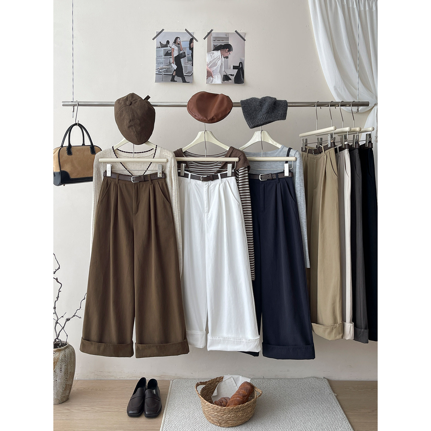 日韩系复古拼接卷边两穿洗水棉阔腿裤女秋显瘦咖色休闲大脚直筒裤,淘宝优惠券,粉丝福利购,淘宝优惠卷