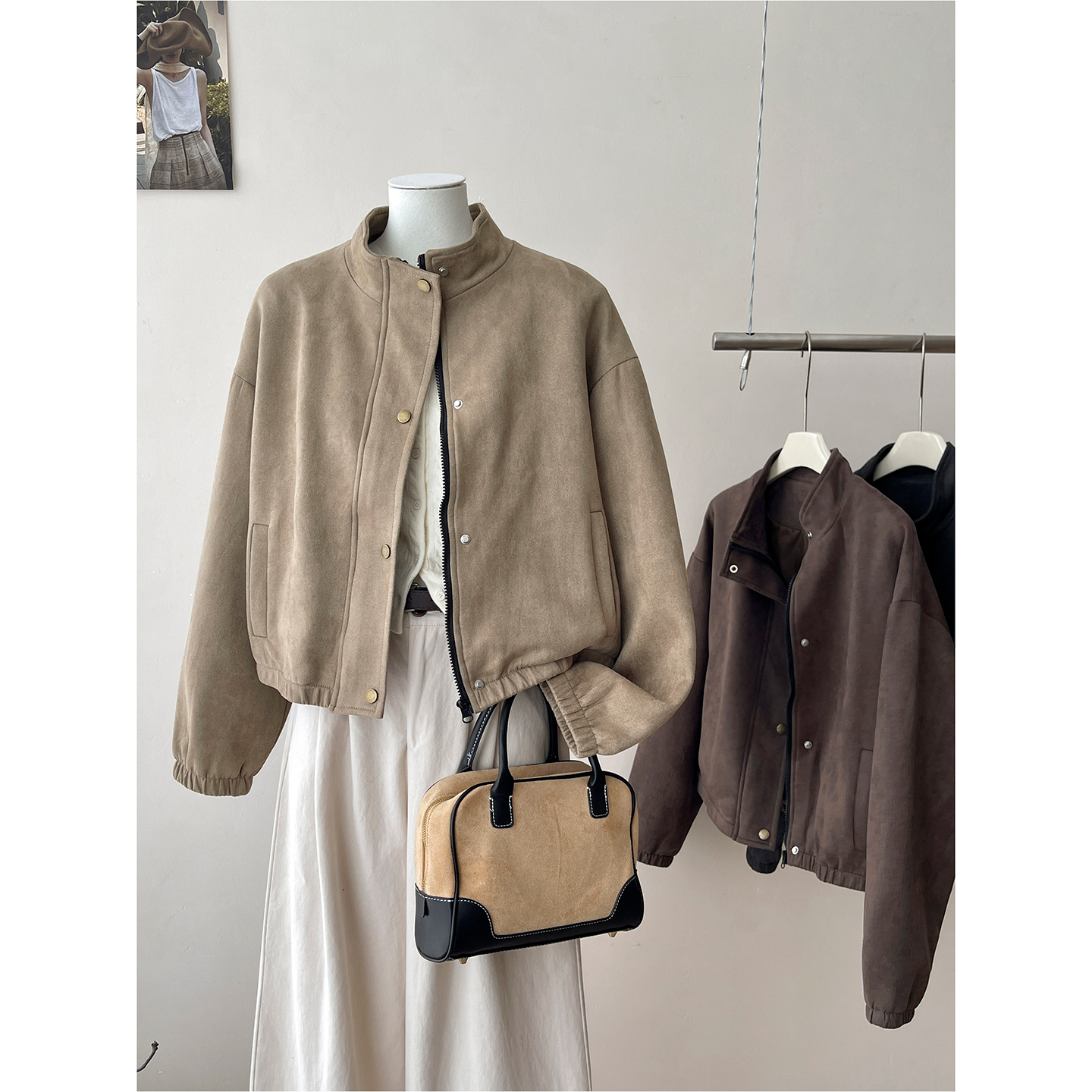 日韩系复古简约鹿皮绒磨毛外套女秋休闲洋气百搭立领飞行夹克上衣 - 图0