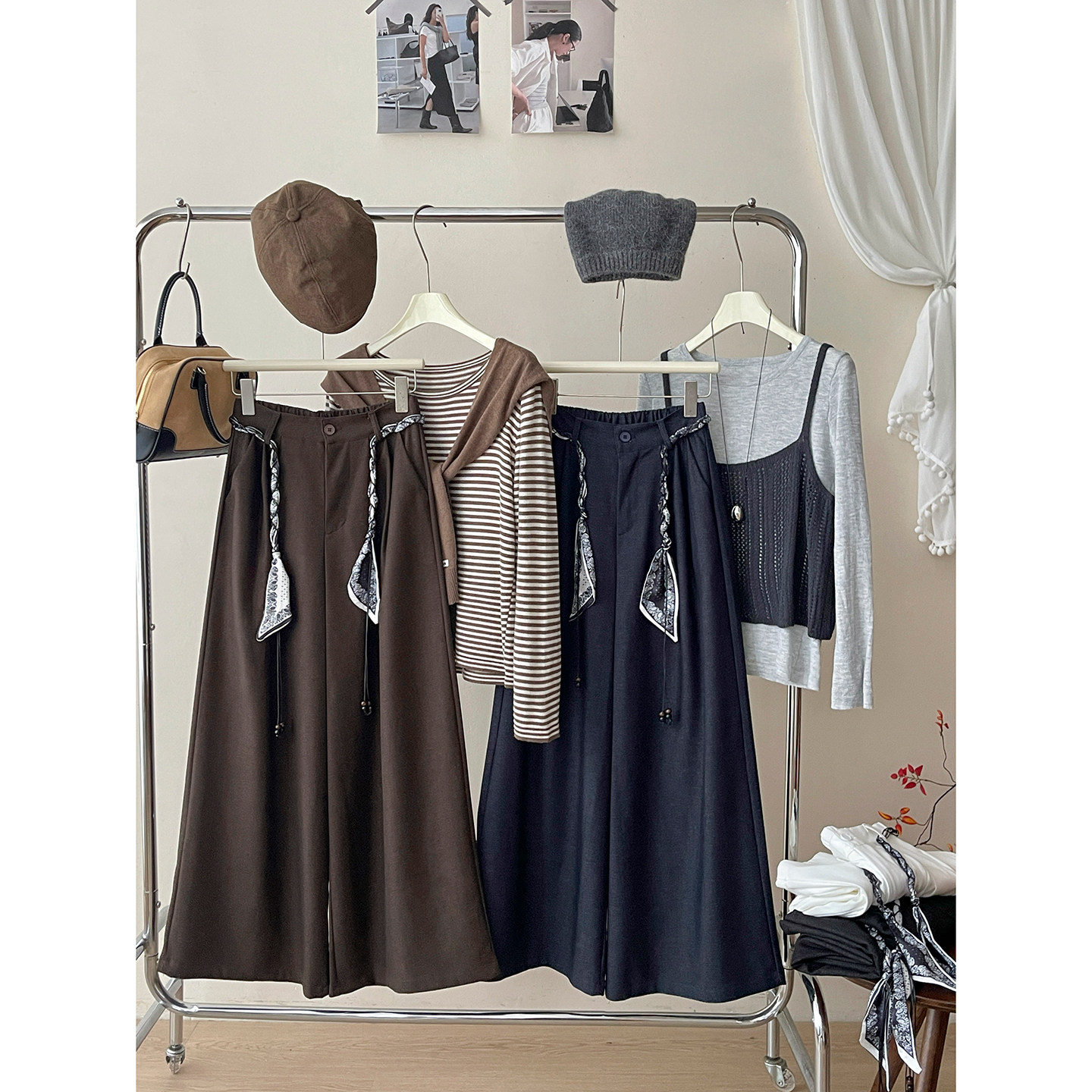 法式复古老钱风丝巾编织腰带阔腿裤女秋仿牛仔松弛感慵懒休闲裤子,淘宝优惠券,粉丝福利购,淘宝优惠卷