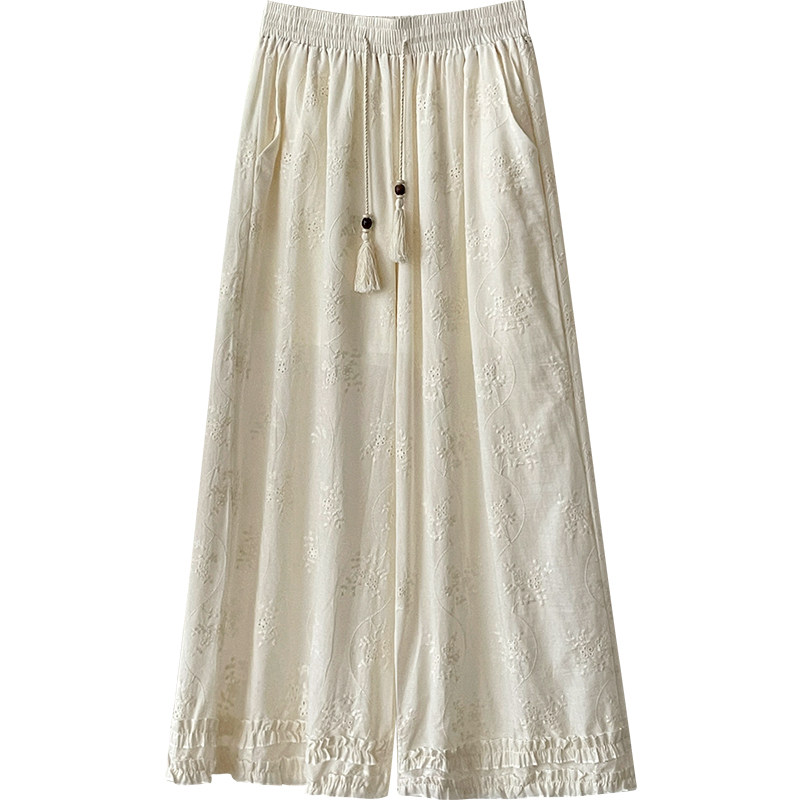 法式复古镂空蕾丝木耳花边棉阔腿裤女夏日韩系度假风甜美休闲裤子,淘宝优惠券,粉丝福利购,淘宝优惠卷