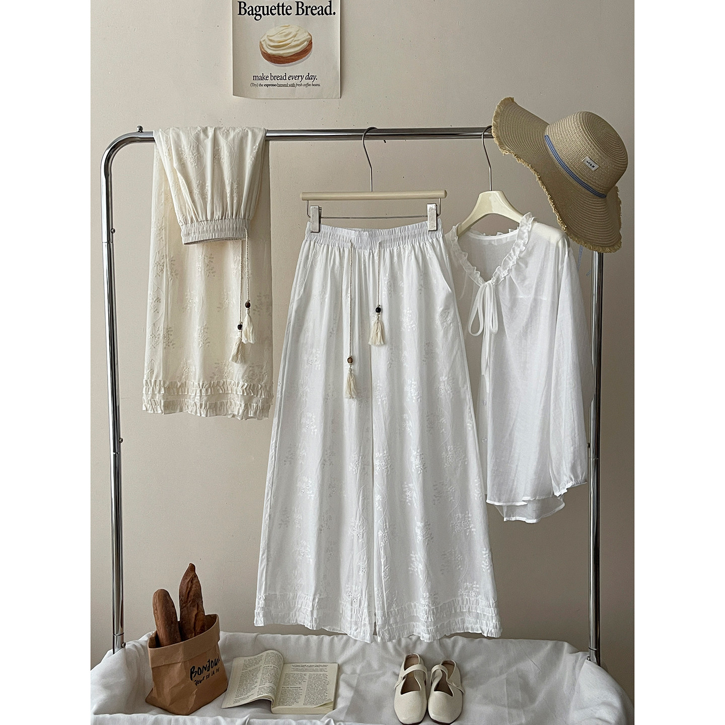 法式复古镂空蕾丝木耳花边棉阔腿裤女夏日韩系度假风甜美休闲裤子,淘宝优惠券,粉丝福利购,淘宝优惠卷