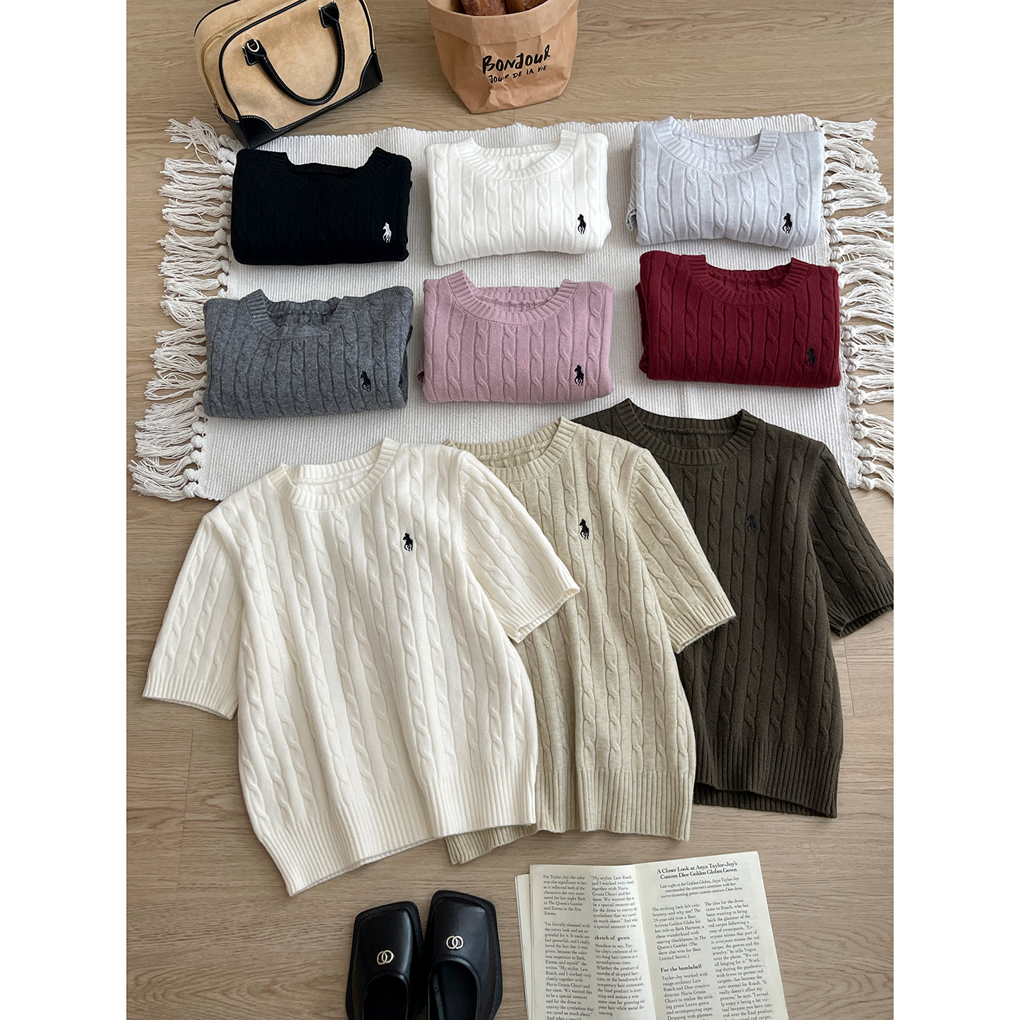 日韩系复古老钱风马刺绣羊绒麻花针织衫女秋内外百搭叠穿打底毛衣 - 图1