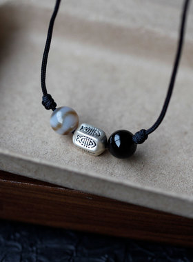 999足银锦鲤转运珠天珠纹玛瑙黑绳项链小众复古风男女编绳锁骨链