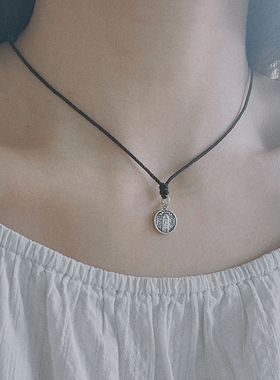 五路财神通体纯银转运吊坠黑绳项链锁骨链复古做旧小众男女款礼物