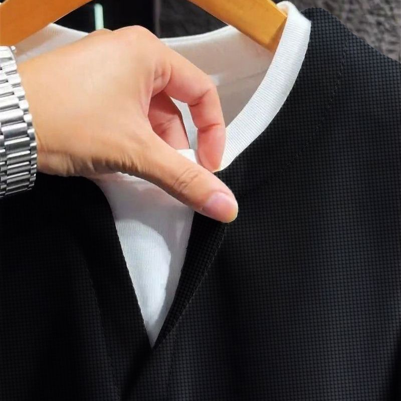 春季亨利领假两件长袖T恤衫拼接撞色男时尚百搭休闲痞帅美式上衣 - 图0