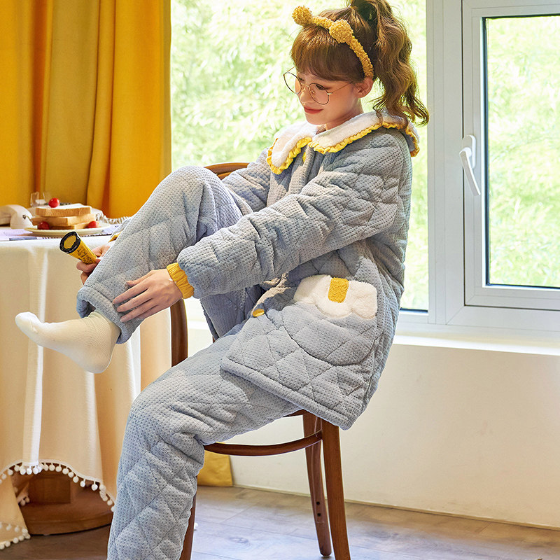 冬珊瑚绒三层加绒夹棉袄秋冬季睡衣 lianglaiya靓莱雅睡衣/家居服套装