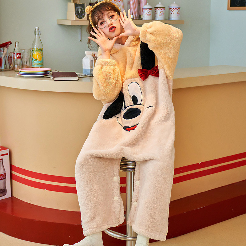 秋冬季珊瑚绒连体连帽可外穿睡裙 lianglaiya靓莱雅睡衣/家居服套装