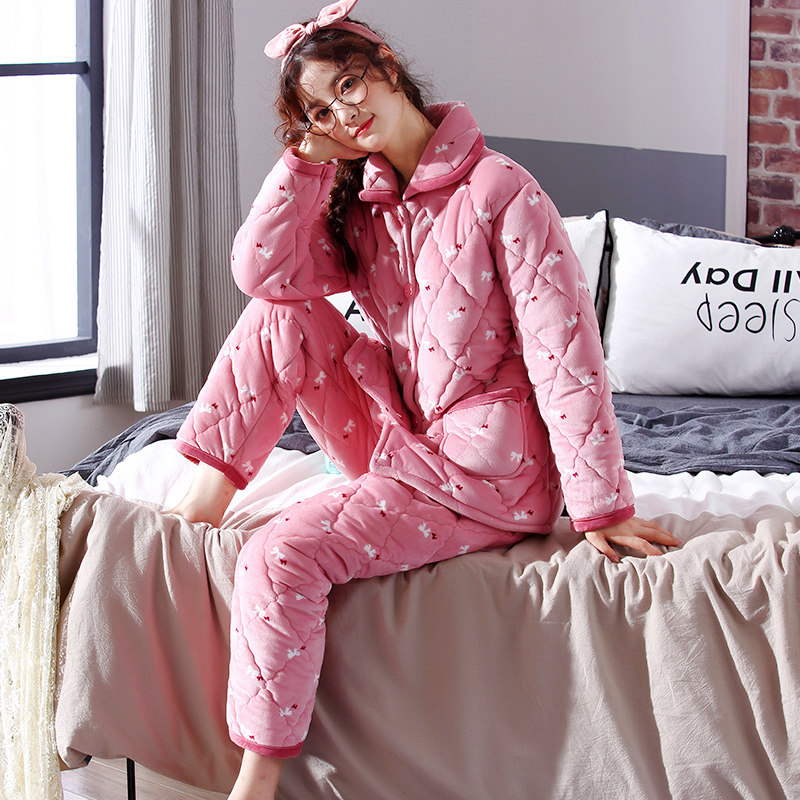 秋冬季珊瑚绒加绒可爱三层睡衣 lianglaiya靓莱雅睡衣/家居服套装