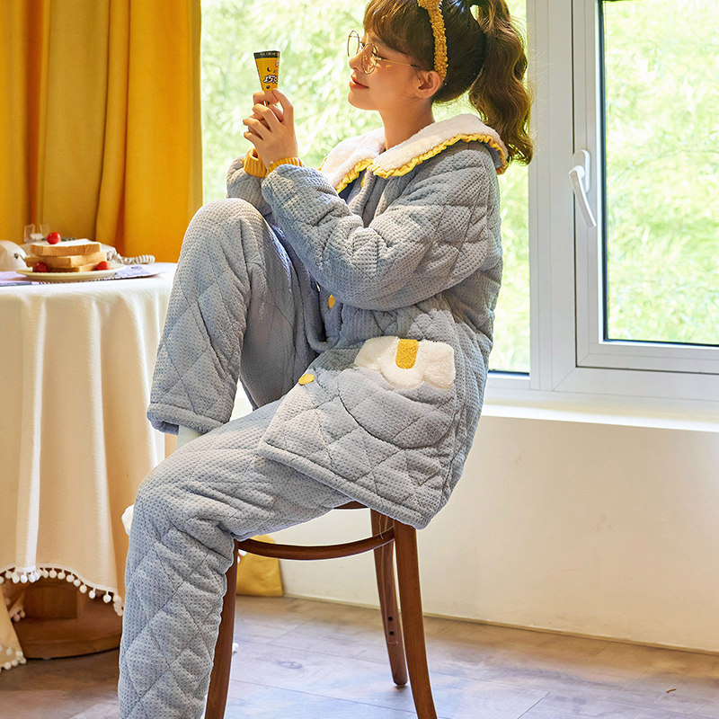 冬珊瑚绒三层加绒夹棉袄秋冬季睡衣 lianglaiya靓莱雅睡衣/家居服套装