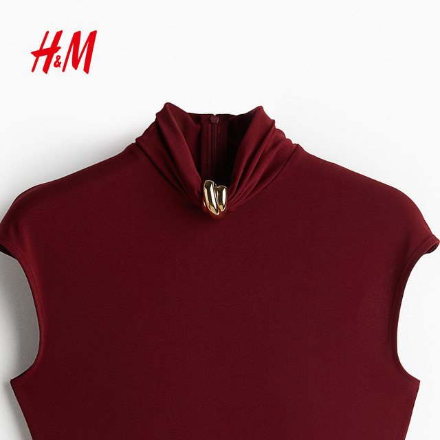 HM women's jumpsuit summer slim fit mid-waist bottle collar cap sleeve red jumpsuit 1257221