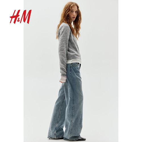 HM女装毛针织衫冬季圆领长袖时尚简约细密针织miu系开衫1245736 - 图1