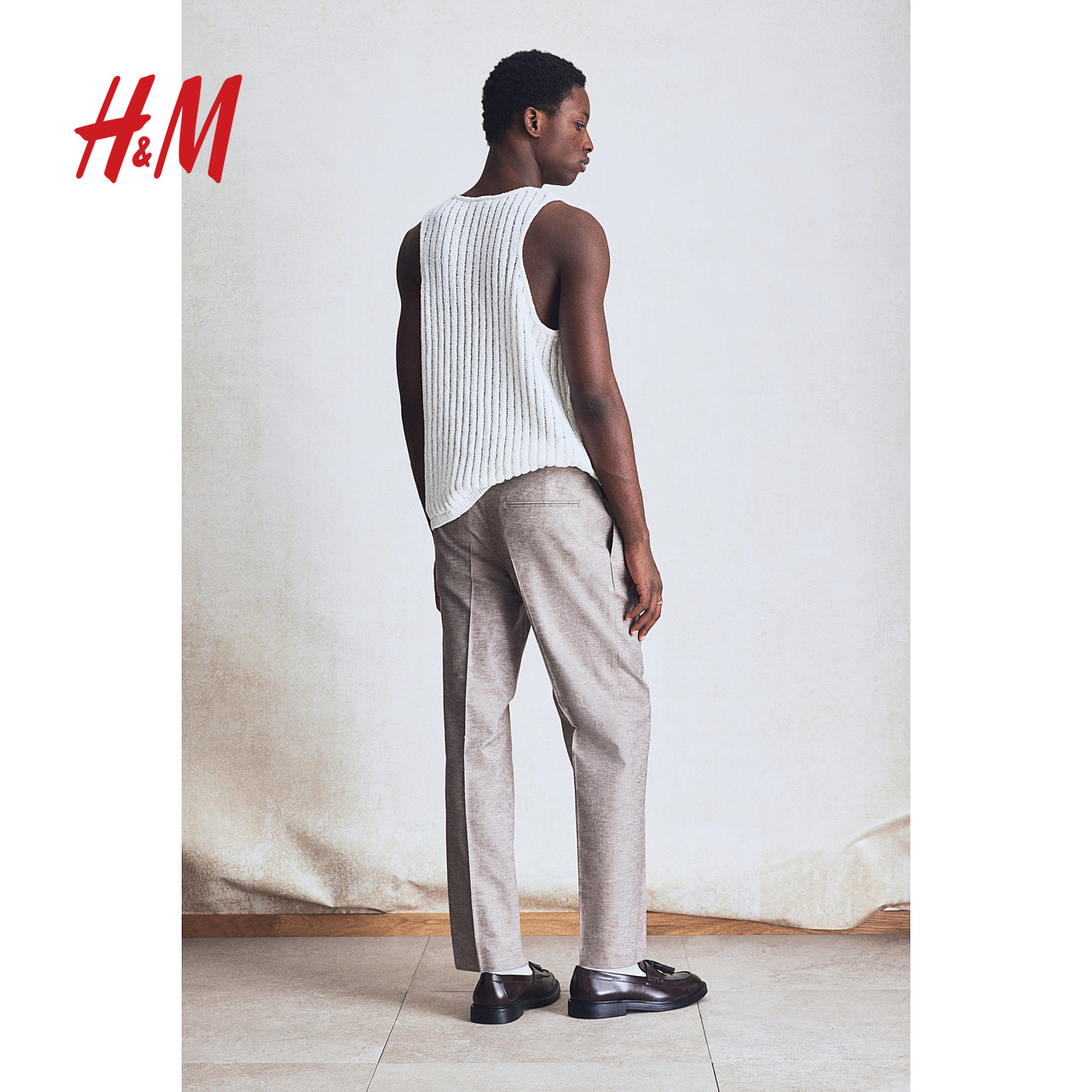 HM休闲裤2025年秋季新款休闲版型亚麻混纺精裁长裤1259381 - 图1