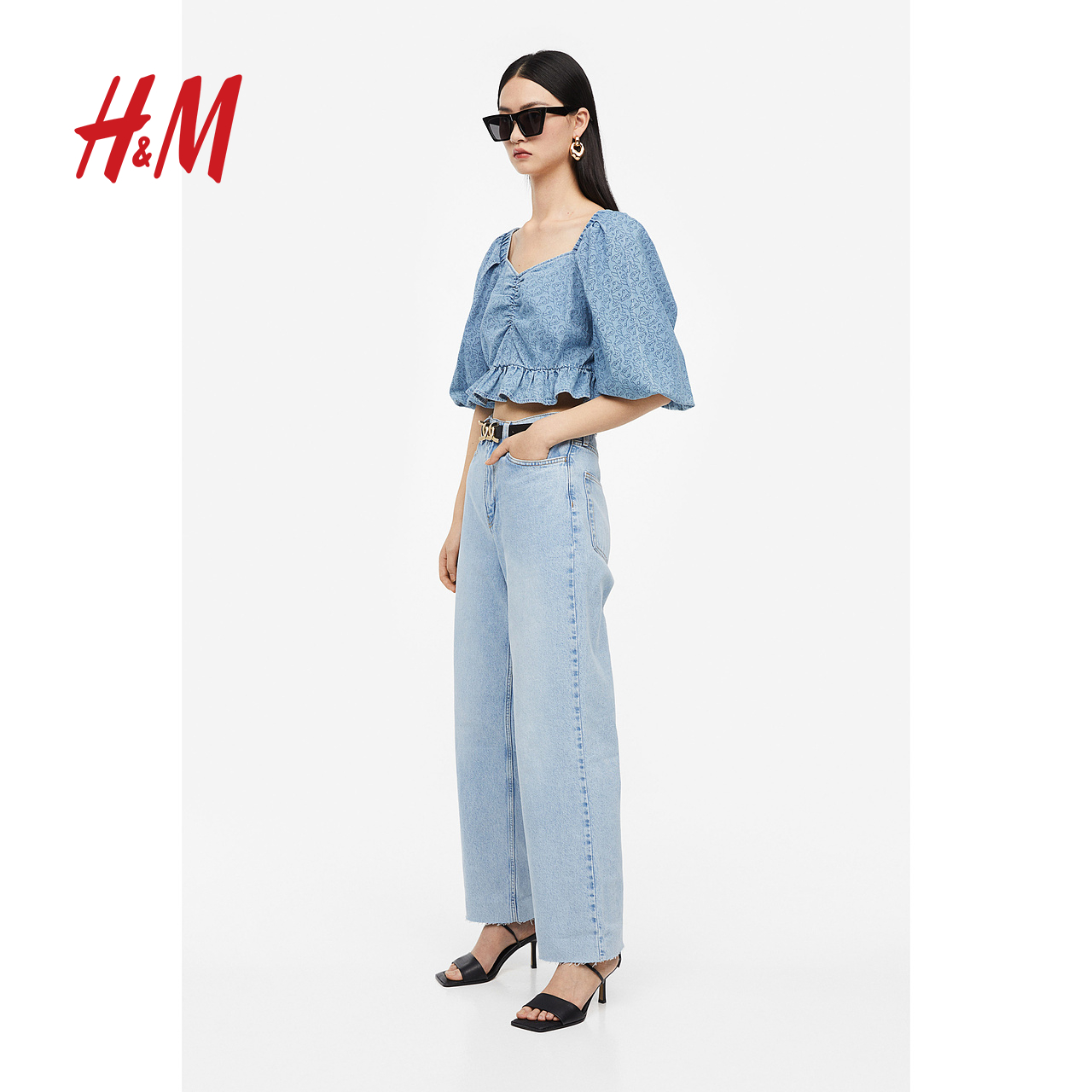 【Brolga × H&M】女装衬衫夏季修身牛仔泡泡中袖1185784