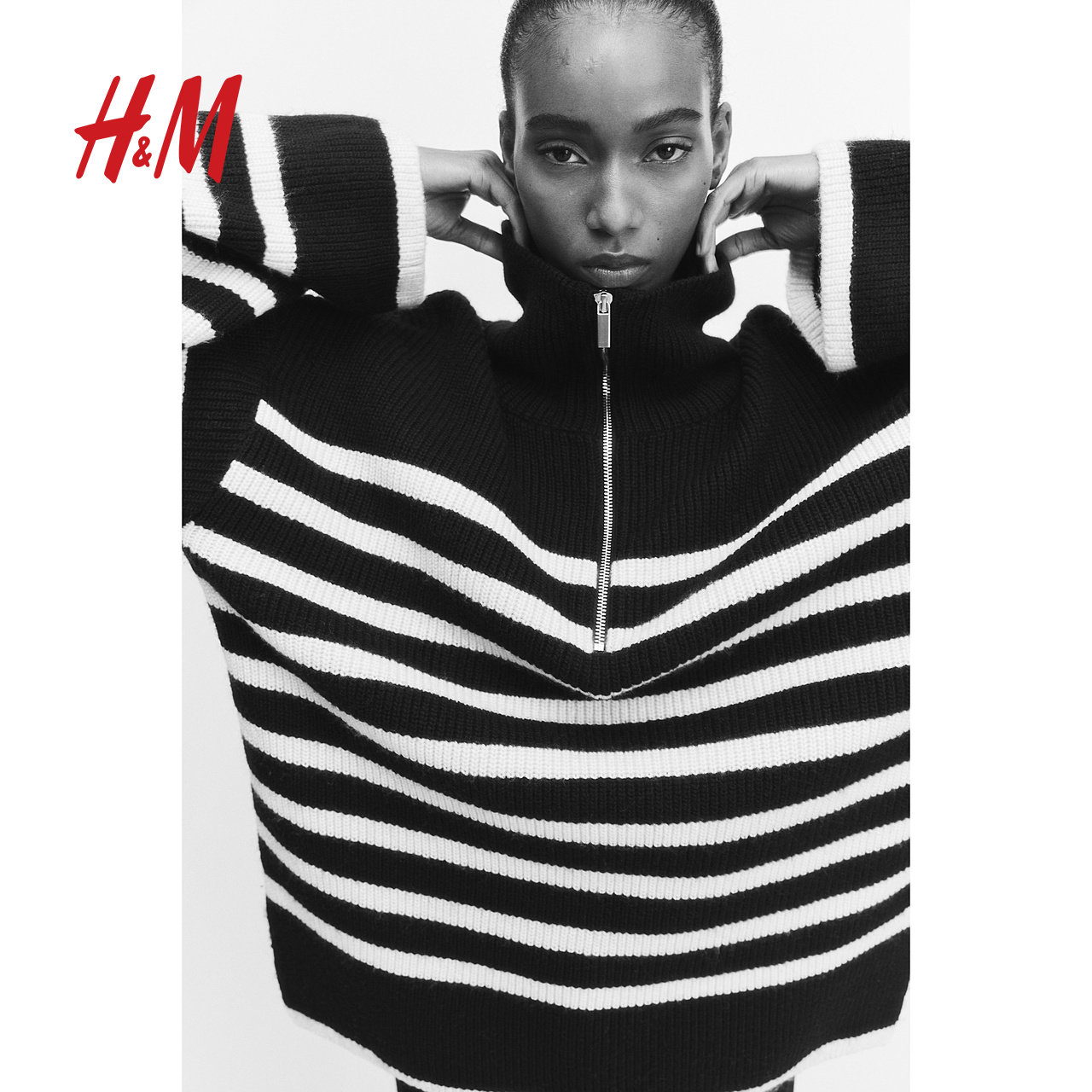HM女装毛针织衫冬季条纹拉链高领罗纹针织套衫1089156,淘宝优惠券,粉丝福利购,淘宝优惠卷
