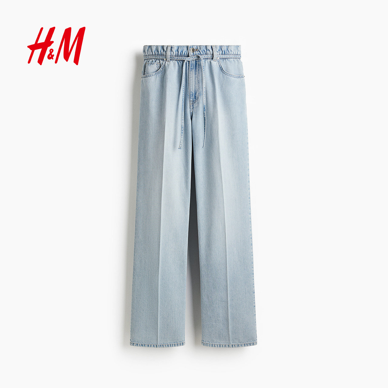 HM女装牛仔裤冬季水洗阔腿牛仔裤配腰带纸袋腰长裤1302179,淘宝优惠券,粉丝福利购,淘宝优惠卷