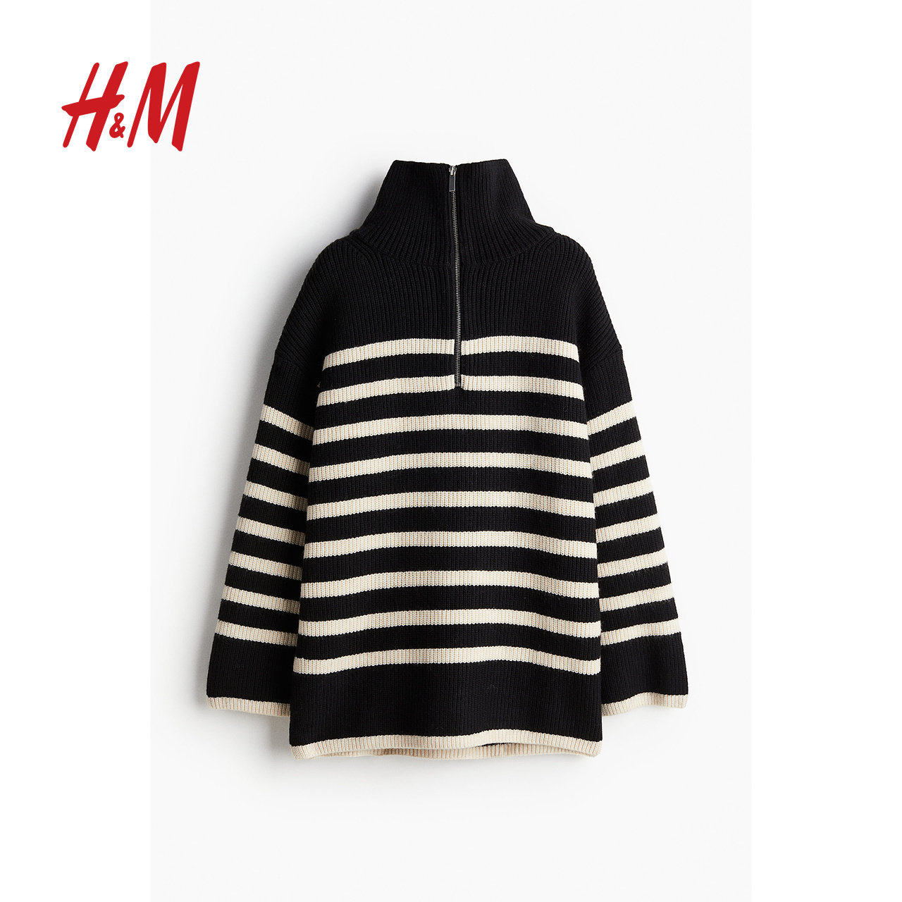 HM女装毛针织衫冬季条纹拉链高领罗纹针织套衫1089156,淘宝优惠券,粉丝福利购,淘宝优惠卷