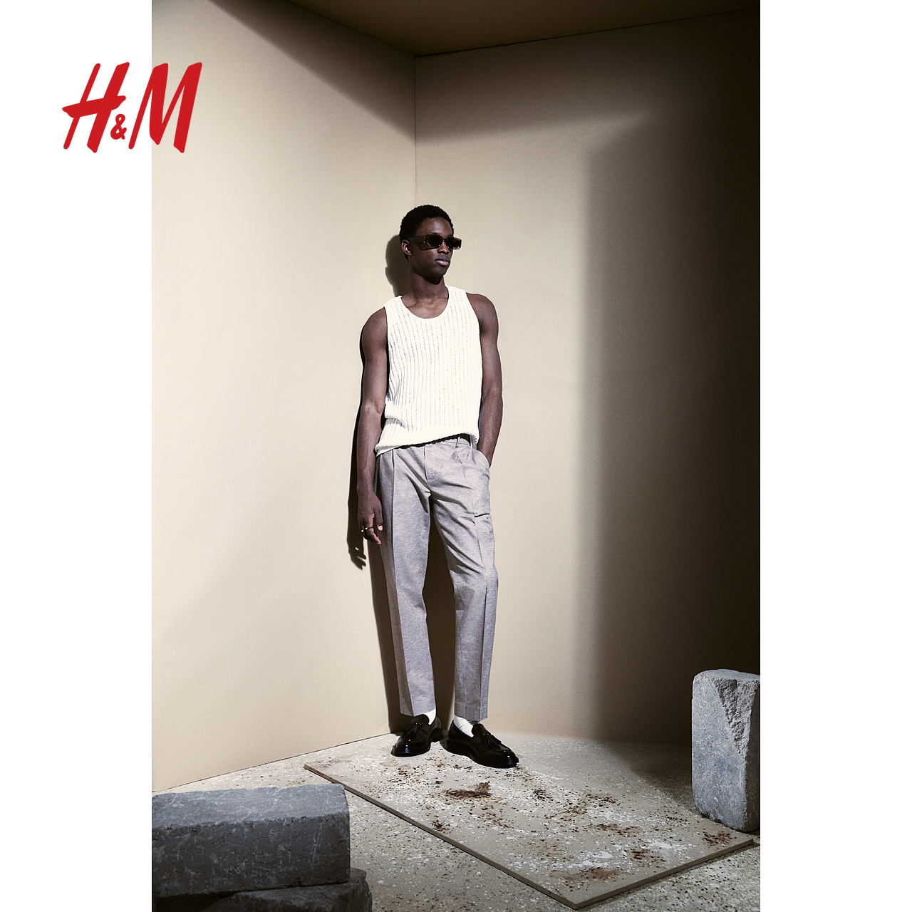 HM休闲裤2025年秋季新款休闲版型亚麻混纺精裁长裤1259381 - 图0