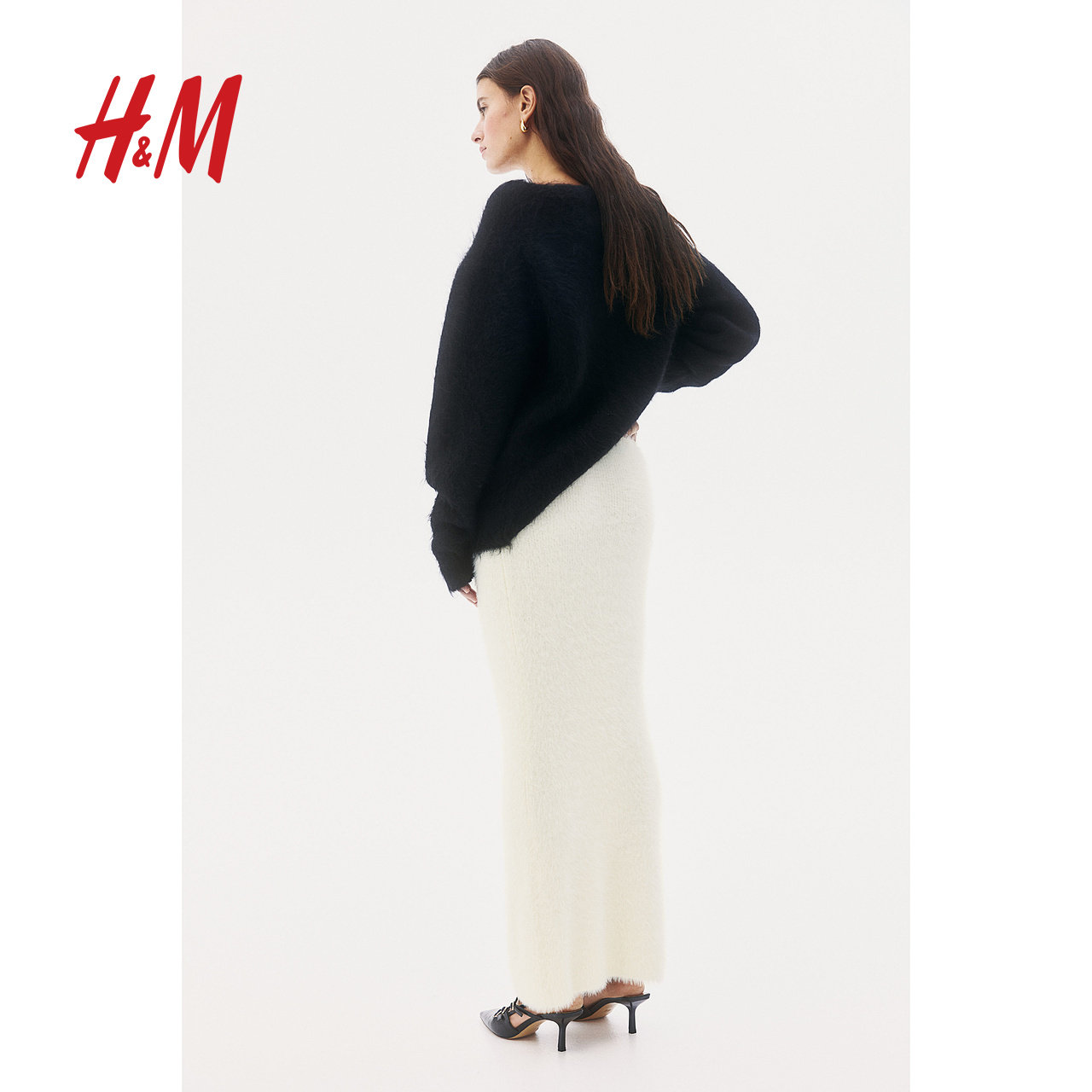 HM女装半身裙时尚晚宴节日穿搭保暖长绒针织裙1266237
