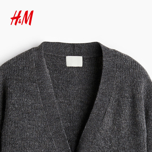 HM女装毛针织衫冬季冬季罗纹保暖开衫宽松V领纽扣气质上衣1254963 - 图1