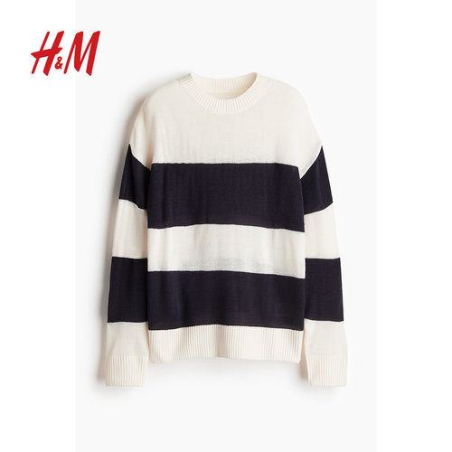 HM女装毛针织衫冬季条纹时尚休闲宽松中长款套衫1226252 - 图3