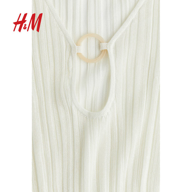 HM Women's Dress 2025 Autumn New V-neck Ribbed Knit Beach Resort Style Long Sleeve Dress 1272279