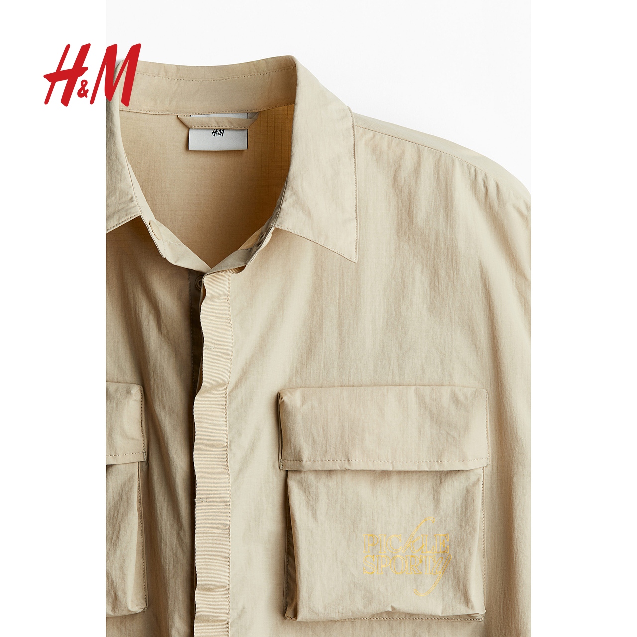 HM男装夹克秋季巴恩风宽松帅气翻领印花尼龙外套式衬衫1214779 - 图3