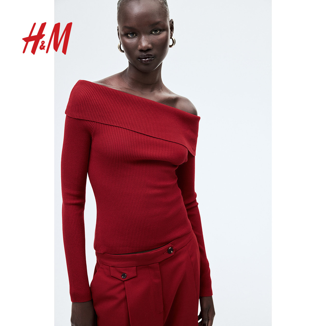 HM女装红色毛针织衫冬季内搭毛衣新年战袍修身露肩上衣1237775,淘宝优惠券,粉丝福利购,淘宝优惠卷