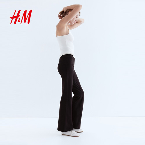HM女装裤子2025秋季新款时尚休闲折叠腰棉质松紧腰长裤1299682 - 图1