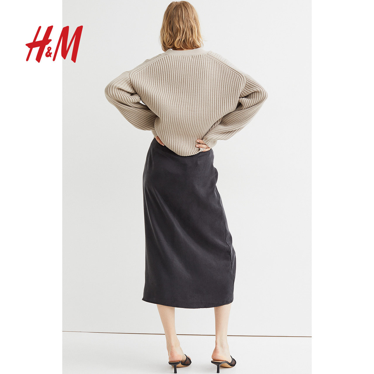 hm 2023春季法式高腰开衩气质半身裙 HM半身裙