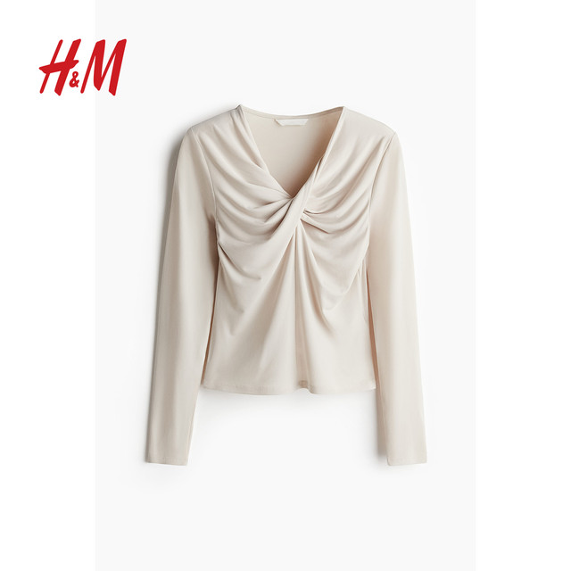 HM women's T-shirt 2025 autumn new slim fit V-neck long-sleeved bottoming dress twisted drape top 1283566