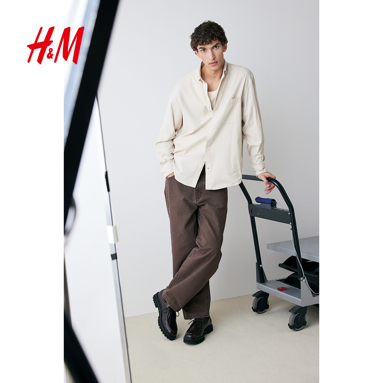 HM男装衬衫秋季新款翻领纹理感长袖衬衣休闲薄外套上衣1251263 - 图0