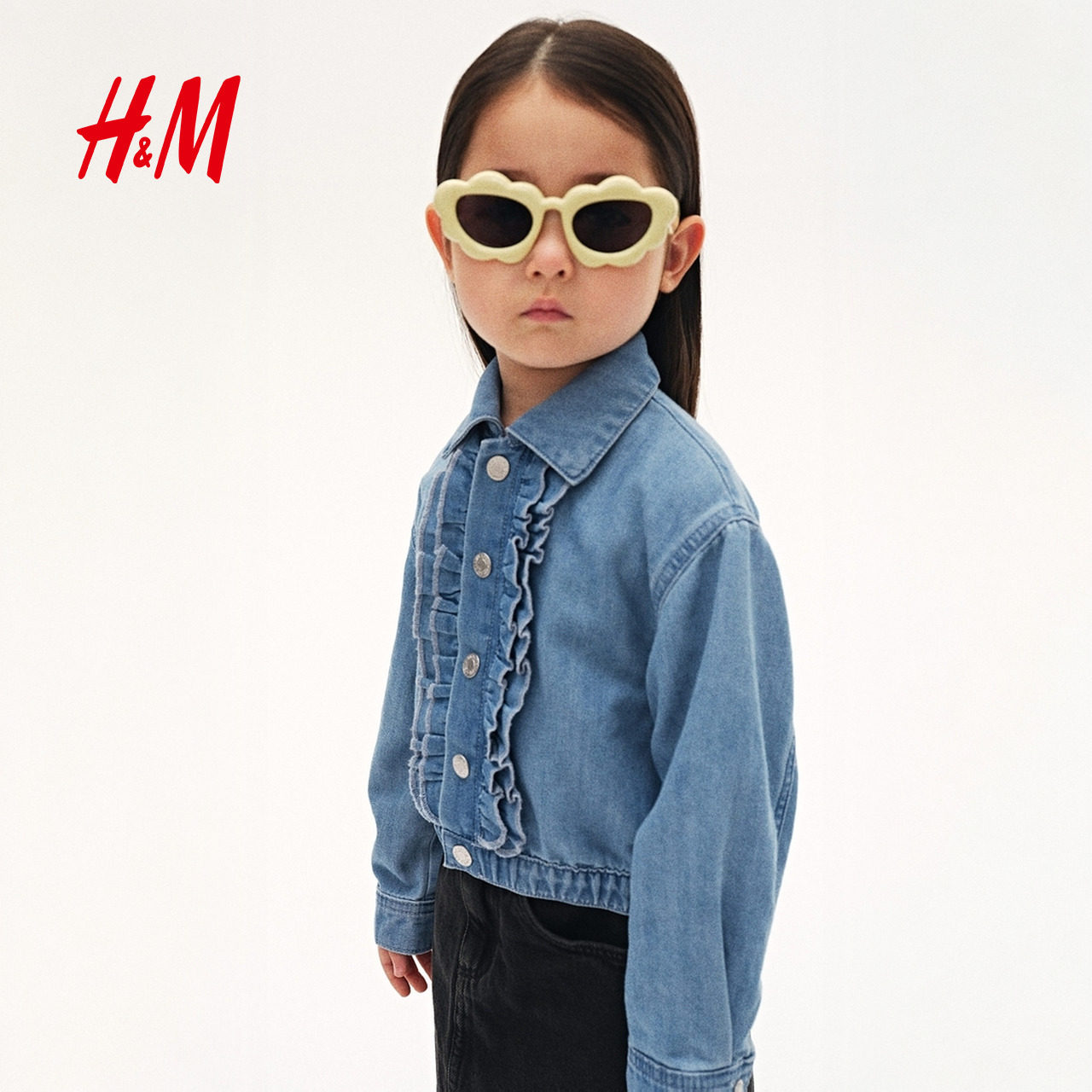 HM2025冬季新款童装儿童女童褶边牛仔外套1301486 - 图1