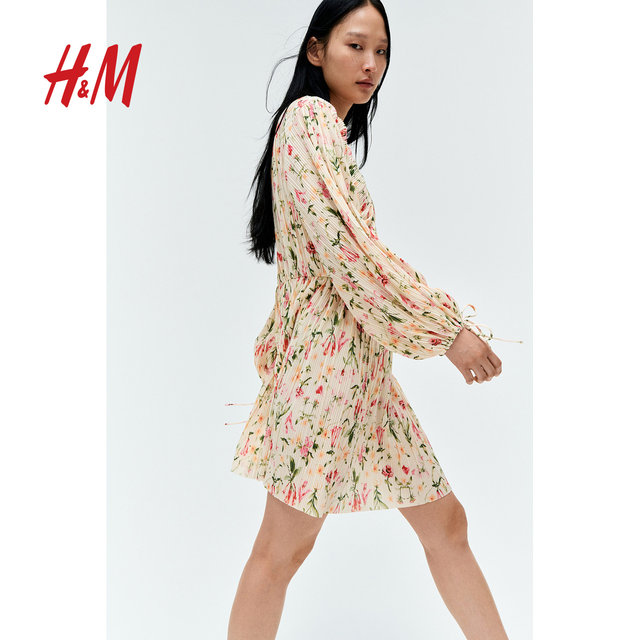 HM Women's Floral Dress 2025 Autumn New V-neck Waist French Long Sleeve Plant Print Long Dress 1265348