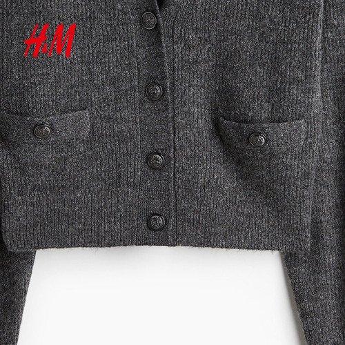 HM女装毛针织衫冬季冬季罗纹保暖开衫宽松V领纽扣气质上衣1254963 - 图3