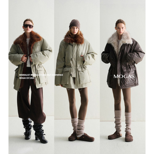 Mogas秋冬巨献 进口95波兰白鸭绒可拆毛领微皱纸感立领派克羽绒服 - 图1