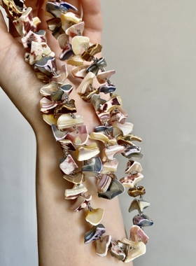 Vintage天然海洋七彩母贝中长款项链 复古彩色母贝串珠项链