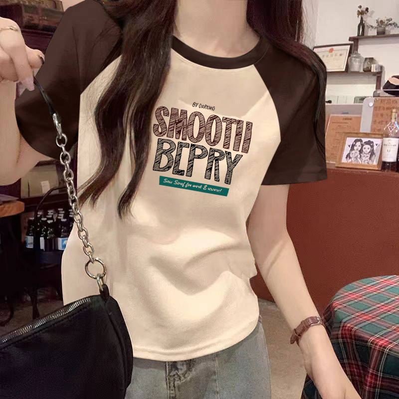 拼接撞色棕色纯棉短袖t恤女夏新款上衣宽松大码女装宽松显瘦小衫 - 图3