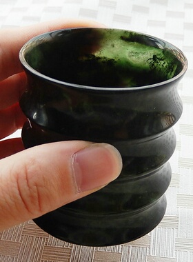 天然真品蛇纹石玉黑绿玉墨绿玉竹节茶杯酒杯玉石茶具酒具