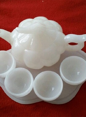 天然阿富汗玉石功夫酒具套装带底盘玉摆件茶壶茶杯玉茶具礼盒装