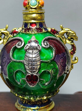 文玩仿古做旧鼻烟壶工艺品合金制镶嵌月光宝石鼻烟壶瓶摆件直播地