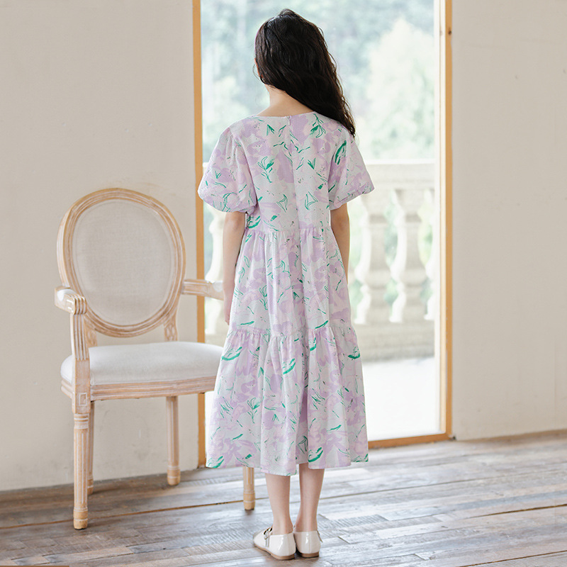 女童碎花连衣裙夏季中大童女孩泡泡袖公主裙度假长裙洋气儿童裙子 - 图2