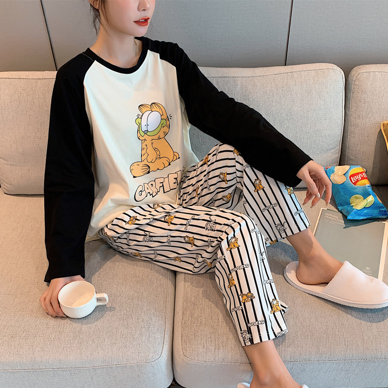 加菲猫女春夏纯棉长袖可爱外穿睡衣 pkk睡衣/家居服套装